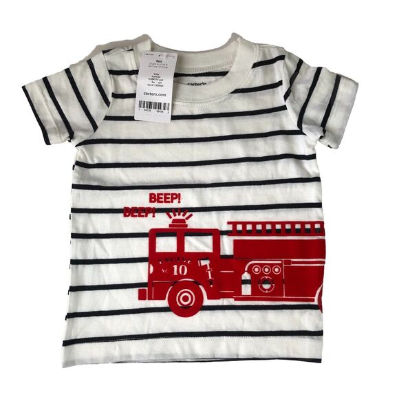 Carters Infant Striped Short Sleeve T-shirt Fire Truck Size 9 Months NWT - Picture 1 of 12